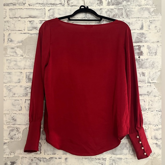 Ann Taylor | Satin Red Long Sleeve Blouse w Pearl Cuffs - Picture 4 of 6